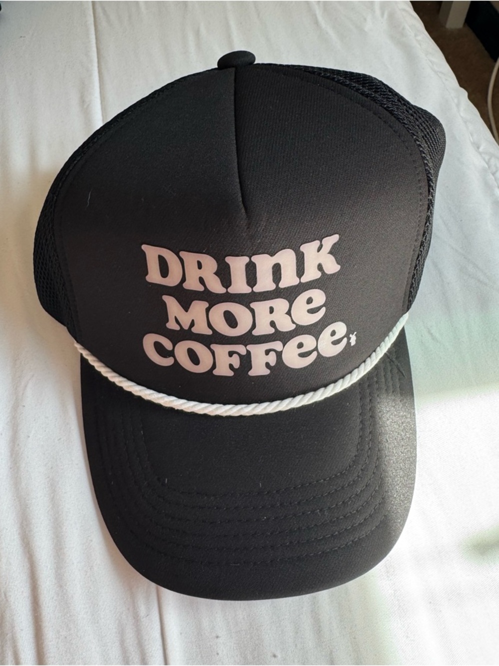 Dutch Bros Black Trucker Hat with White Rope Detail